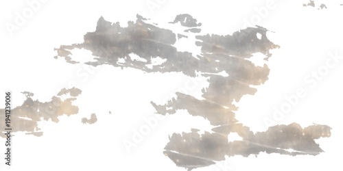 A vintage watercolor illustration of an old map of Europe and the world blended with a blue sky, clouds, and a grunge paper texture featuring smoke and steam