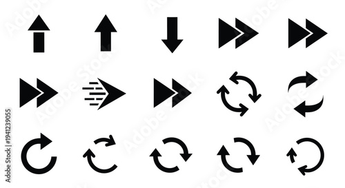 Collection of black arrow icons for navigation, playback, and synchronization is shown in three rows with different styles and tips.