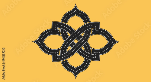 Intricate road intersection design resembles a floral pattern with winding highways on a solid yellow background for transportation.