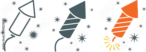 Minimal firework rocket icon set with striped rockets and sparkles outline gray and orange celebration vector illustration