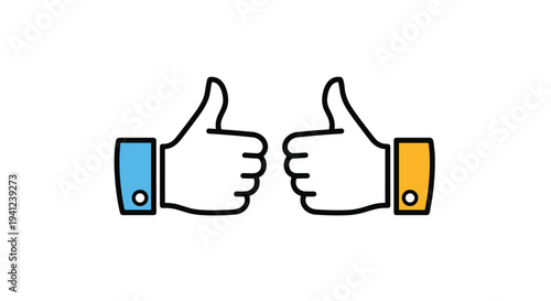 Two thumbs-up icons with different colored shirt cuffs are facing each other in a symmetric design representing agreement or success.