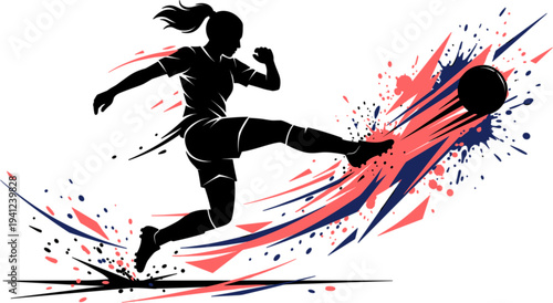 Silhouette of female soccer player kicking ball with colorful splatters vector illustration