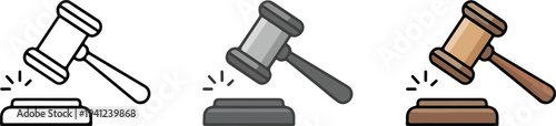 Minimalist judge gavel icon set with line, monochrome and colored styles representing law, justice, court decision concept