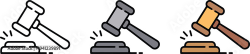 Minimalist judge gavel icon set with line, monochrome and colored styles representing law, justice, court decision concept