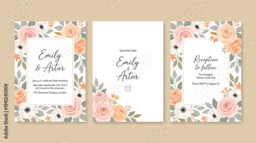 Three watercolor floral bookmark cards with peach and blush blossoms, delicate botanical borders, ideal for wedding stationery, invitations, gifts, and printable decor