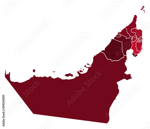United Arab Emirates Maps with Red Monochrome Color for District Borders Asian Country