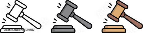 Minimalist judge gavel icon set with line, monochrome and colored styles representing law, justice, court decision concept