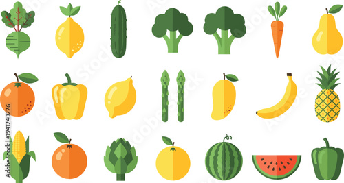 Healthy Food and Vegetable Icon Set with Fruits, Broccoli, Carrot, Corn, Banana, Pineapple, and Other Fresh Farm Produce Vector Collection.