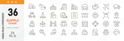 Icons related to Supply Chain. Supply Management. delivery, worldwide, sea, air, land, logistic, delivery, distribution, value. Editable stroke .