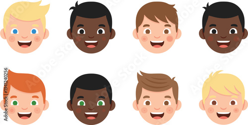 Happy Boys Avatar Faces Collection with Diverse Kids Characters for Children Profile Icons, School Projects, Education Apps, and Cartoon Illustration Design.