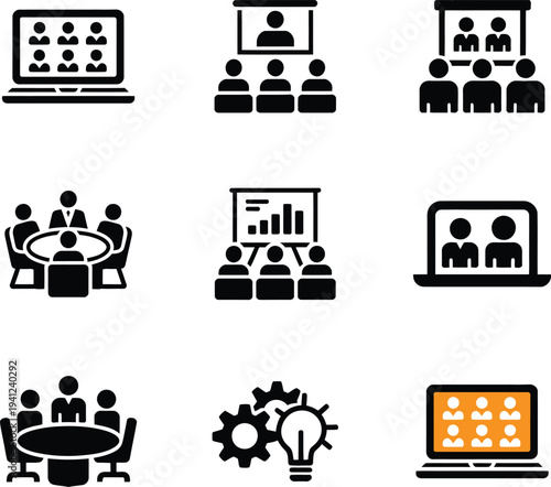 Online meeting and business presentation icon set for remote work and collaboration