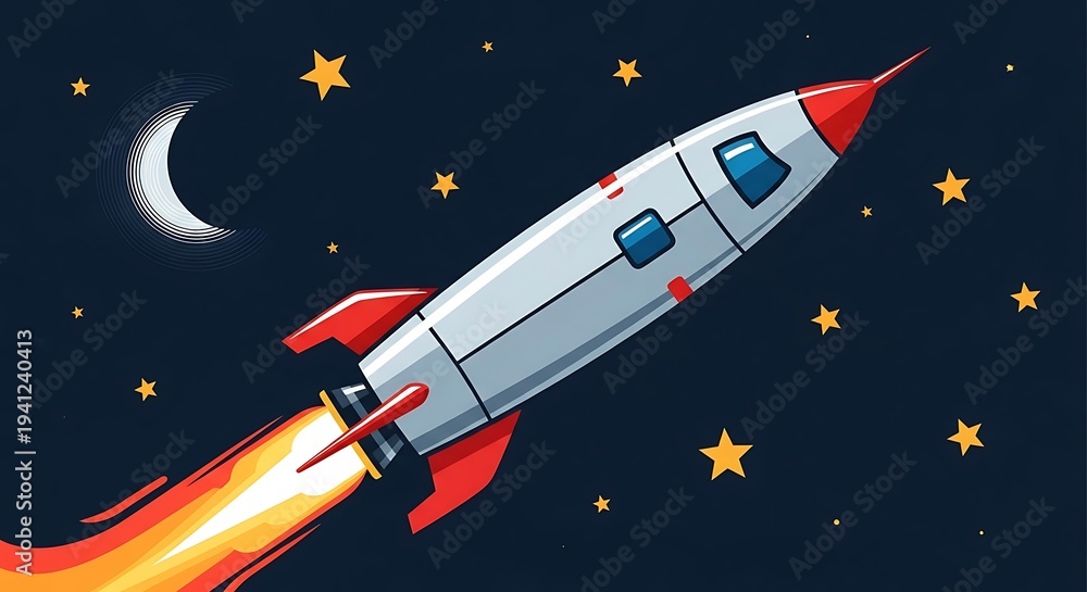 Fototapeta premium A cartoon rocket ship, with orange exhaust flames, ascends through a night sky filled with stars and a crescent moon