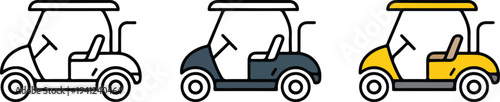 Minimalist golf cart icon set with outline, gray and yellow electric carts in clean flat vector illustration style