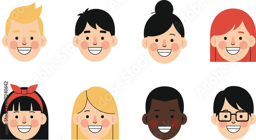Cute Smiling Kids Avatar Faces Set with Diverse Boys and Girls Characters for Children Profile Icons, Education Apps, and Cartoon Illustration.