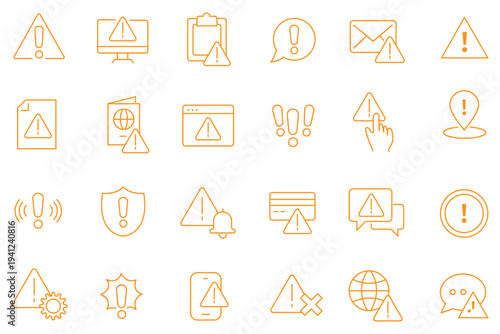 Warning and alert outline icon set with caution triangles, error notifications, emergency alarms, radiation, lightning, cloud, email, document symbols system