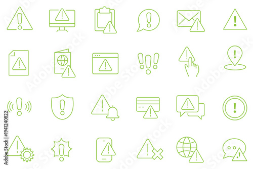 Warning and alert outline icon set with caution triangles, error notifications, emergency alarms, radiation, lightning, cloud, email, document symbols system