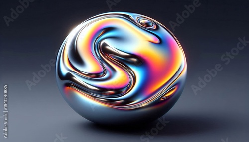 Abstract Chrome Sphere with Swirling Rainbow Colors and Reflections.