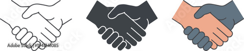 Minimalist handshake icon set with outline, gray and colored styles representing partnership, agreement, business cooperation concept