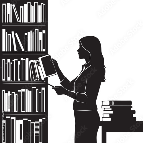 Woman choosing book from bookshelf in library, vector silhouette illustration