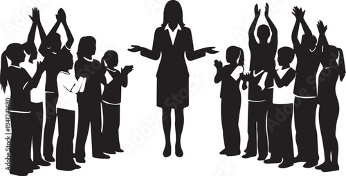Woman teacher standing between group of children clapping hands vector silhouette artwork