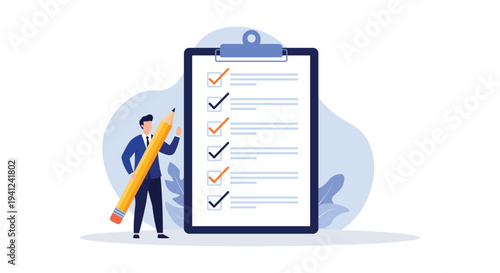 Task Checklist and Project Management Concept – Businessman Completing To-Do List on Clipboard Vector Illustration