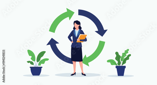 Business Process Cycle Concept – Businesswoman Standing in Circular Workflow Arrows Representing Continuous Improvement Vector Illustration