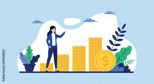 Financial Growth and Investment Concept – Businesswoman with Increasing Coin Stacks and Dollar Symbol Vector Illustration