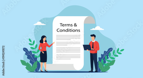 Terms and Conditions Agreement Concept – Business People Reviewing Legal Contract Document Vector Illustration