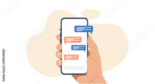 Mobile Messaging Chat Concept – Hand Holding Smartphone with Chat Bubbles and Online Conversation Vector Illustration