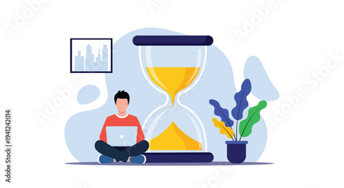 Time Management Concept with Man Working on Laptop and Hourglass – Productivity Flat Vector Illustration