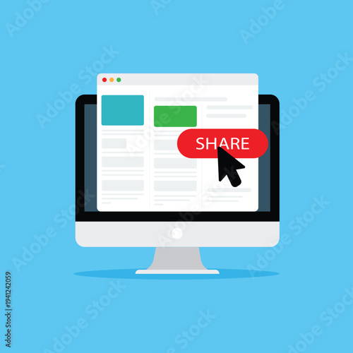 Content Sharing Concept – Share Button on Website Interface with Cursor Click Vector Illustration