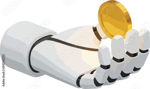 Minimalist White 3D Robot Hand Holding Glowing Gold Coin Isometric Vector