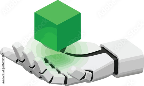  Minimalist White 3D Robot Hand Holding Glowing Green Data Cube Isometric Vector