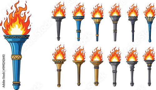 Vector Set of Decorative Burning Torches Featuring Gold, Silver, and Blue Ornate Designs with Realistic Flames for Sports and Victory Concepts