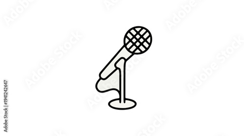 Minimalist vector icon of a classic microphone on a stand, symbolizing communication, performance, and audio recording in various media contexts