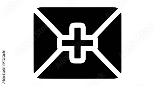 Modern digital communication symbol a sleek black envelope icon with a white plus sign, indicating new email, add contact, or message creation