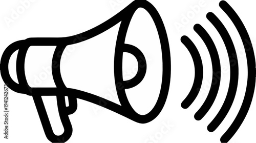A Simple Line Art Icon of a Megaphone, Illustrating Communication and Public Announcement, with Sound Waves Emanating