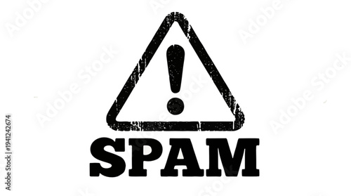 A black and white illustration featuring a warning sign with an exclamation mark inside a triangle above the word SPAM in bold letters