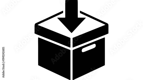 Black and white illustration of a box with an arrow pointing down into it, symbolizing delivery or storage