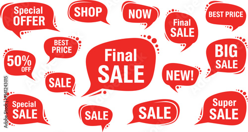 Red Sale Speech Bubble Vector Set Featuring Promotional Tags Like Final Sale, Special Offer, and Big Sale for Marketing and Retail Concepts