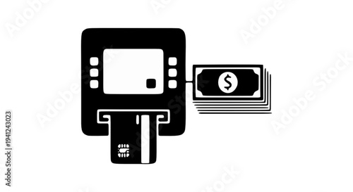 ATM machine icon displaying cash withdrawal and credit card insertion for financial transactions