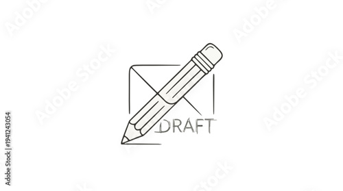 Vector illustration of a draft message or document icon, featuring an envelope, pencil, and checkmark. Symbolizes work in progress, uncompleted communication or content creation