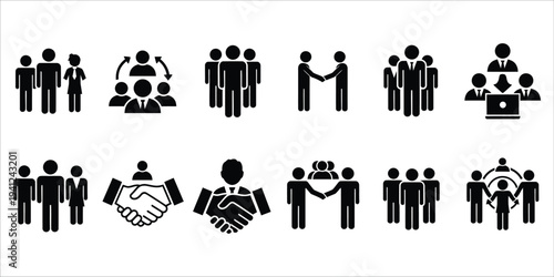 Black silhouettes of business people in various teamwork and partnership poses
