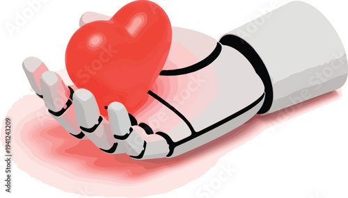 Minimalist White 3D Robot Hand Holding Glowing Red Heart Isometric Vector