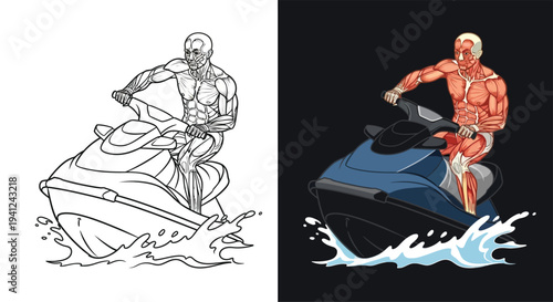 Muscular man riding a jet ski in two styles: detailed line art and vibrant colored illustration with water splashes.