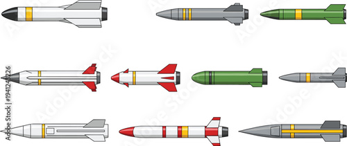 Military Missile and Rocket Vector Set Featuring Tactical Ballistic Weapons in Various Camouflage Patterns for Defense and Aerospace Concepts