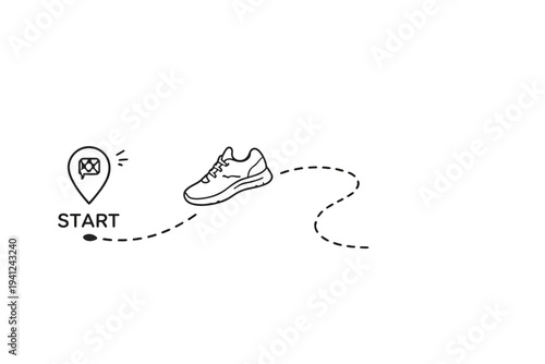 Journey begins with a single step illustration of a shoe and map pin on a path