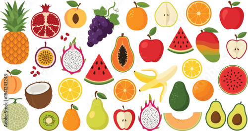 Large Vector Fruit Collection Featuring Whole and Sliced Tropical and Garden Fruits for Healthy Lifestyle and Organic Food Concept