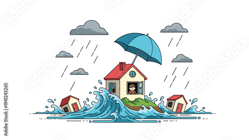 Symbolic illustration shows a small house on a patch of land being protected from a massive flood and heavy rain by a giant blue umbrella.