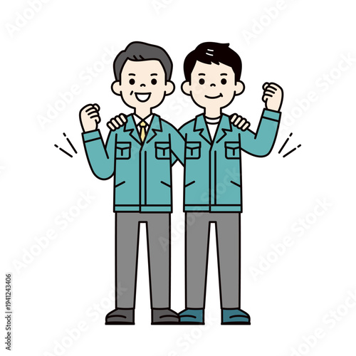 笑顔でタッグを組む、作業服を着た上司と部下・社長と若手男性社員の全身ベクターイラスト素材